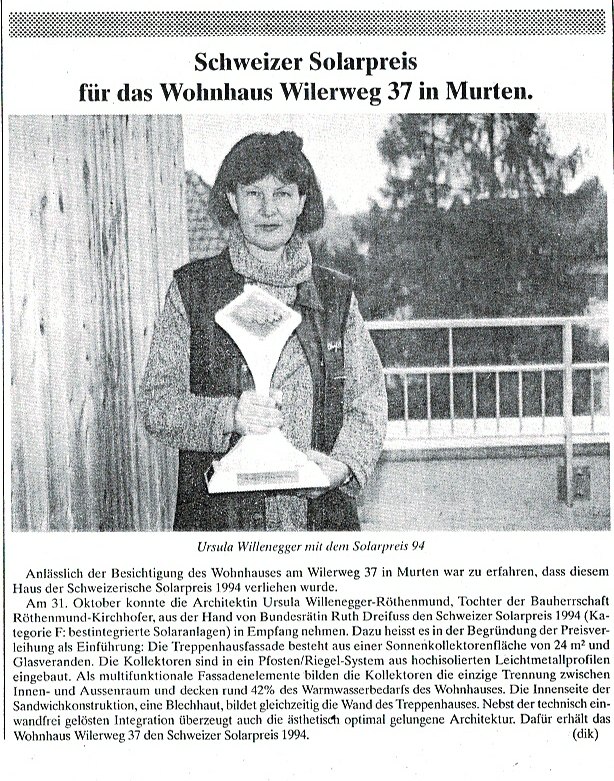 Schweizer Solarpreis und damit verbundene Zeitungsartikel 1994